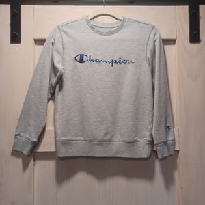 Gray crewneck champion sweatshirt medium, embroidered champion two-tone blue